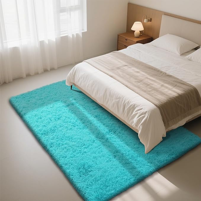 Teal Blue Rug Fluffy Rug, 6x9 Teal Area Rugs for Living Room, Soft Cute Baby Play Mat, Teal Rugs for Bedroom, Nursery, Preppy Dorm, Plush Aesthetic