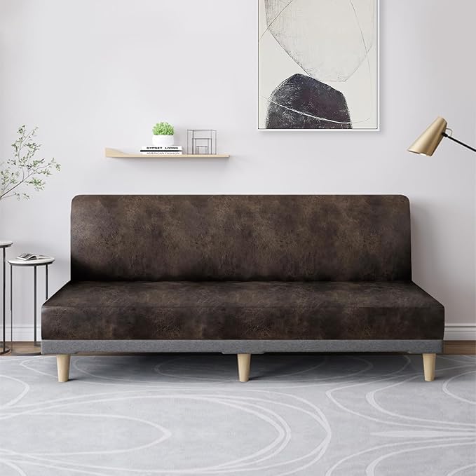 molasofa Leather Like Stretch Futon Slipcover Armless Futon Bed Sofa Cover Furniture Protector with Elastic Bottom, Soft and Washable Futon Cover for Sofa Bed Stay in Place（Larger，Dark Brown）