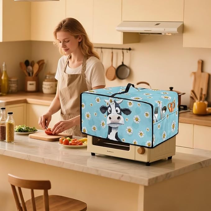 Air Fryer Toaster Oven Dust Cover with Side Pockets, Protective Smart Oven Cover for Kitchen Countertop Decorations, S, 14.5 x 18.5 x 9 Inches, Cow Daisy Light Blue