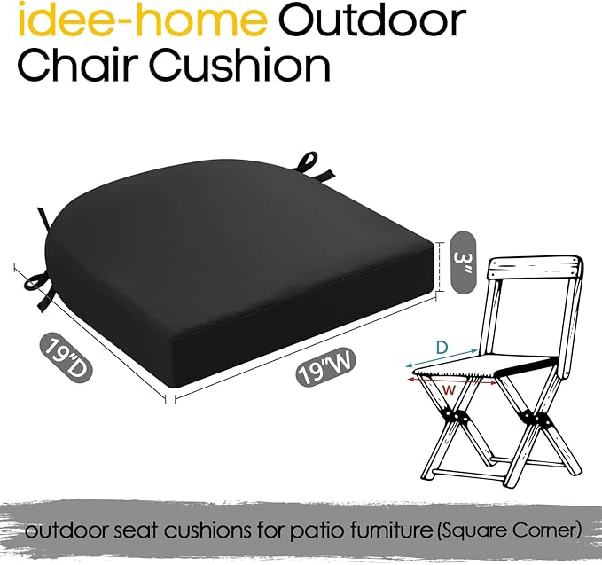 idee-home Outdoor Chair Cushions Set of 4, Thick 19" x 19" x 3" Outdoor Seat Cushions Patio Furniture Waterproof with Ties, Dining Pads