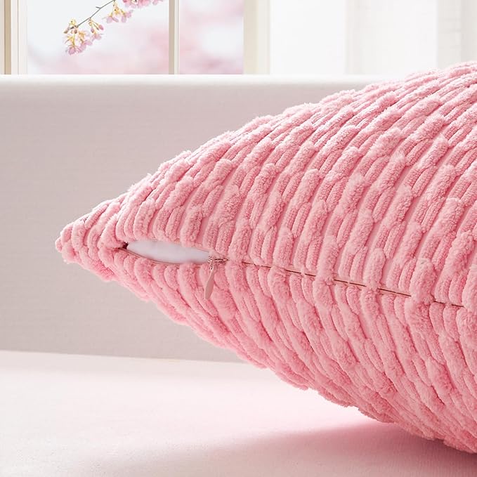 Kevin Textile Valentines Day 12x24 Inch Pillow Cover 1 Pack Boho Decorative Soft Striped Corduroy Lumbar Farmhouse Accent Rectangle Cushion Case for Living Room Couch Sofa Bed, Pink