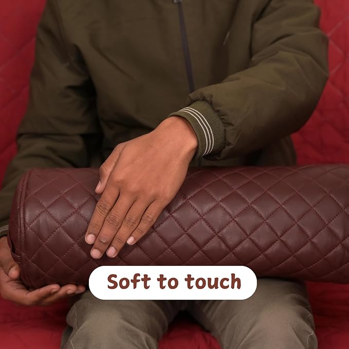Neck Roll Pillow Cushion Cover, 14x7 Inch Full Moon Round Bolster Pillow Case, Cylinder Soft Lambskin Leather Pillowcase for Head, Spine & Neck Support During Sleep - Quilted Dark Brown Pack of 1