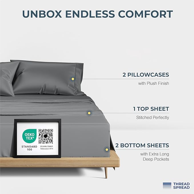 THREAD SPREAD 100% Egyptian Cotton Split King Sheets Sets for Adjustable Bed - Luxury 1500 Thread Count Split Top King Sheets (5 PC, Dark Grey), Soft, Cooling, Sateen Weave 17" Deep Pocket Sheet Set