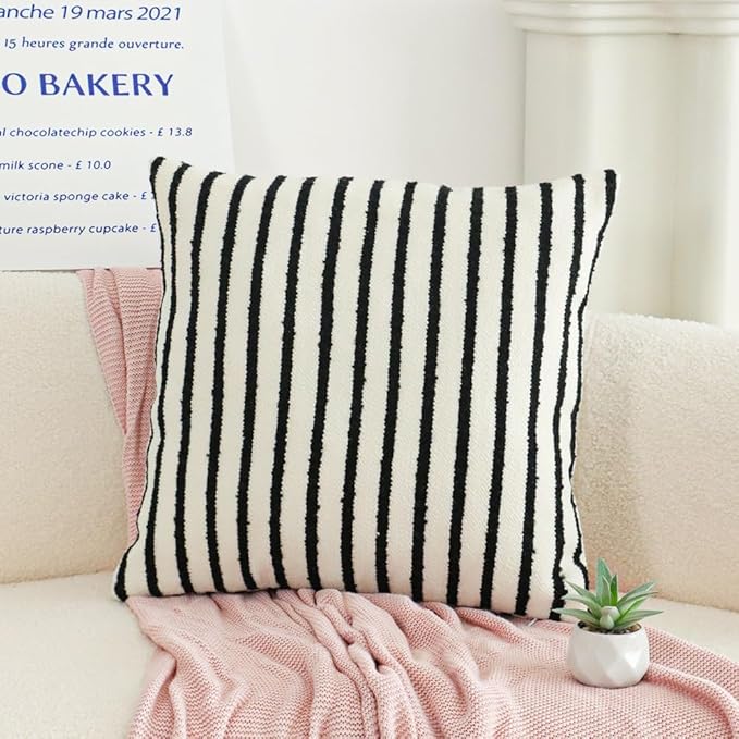 Jonhier White Striped Boho Throw Pillow Cover, Modern Boucle Textured Square Pillowcase for Sofa Couch Bed, Neutral Farmhouse Accent Decorative Cushion Cover for Living Room Bedroom, 20 x 20 inch