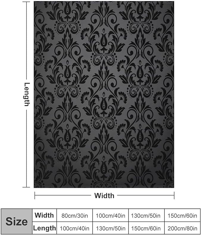 Black Damask Blanket, Antique Victorian Style Gothic Vintage Black Floral Bohemian Exotic Print Blanket for Sofa Bed Decor Fuzzy Blanket Twin, 60"x80"