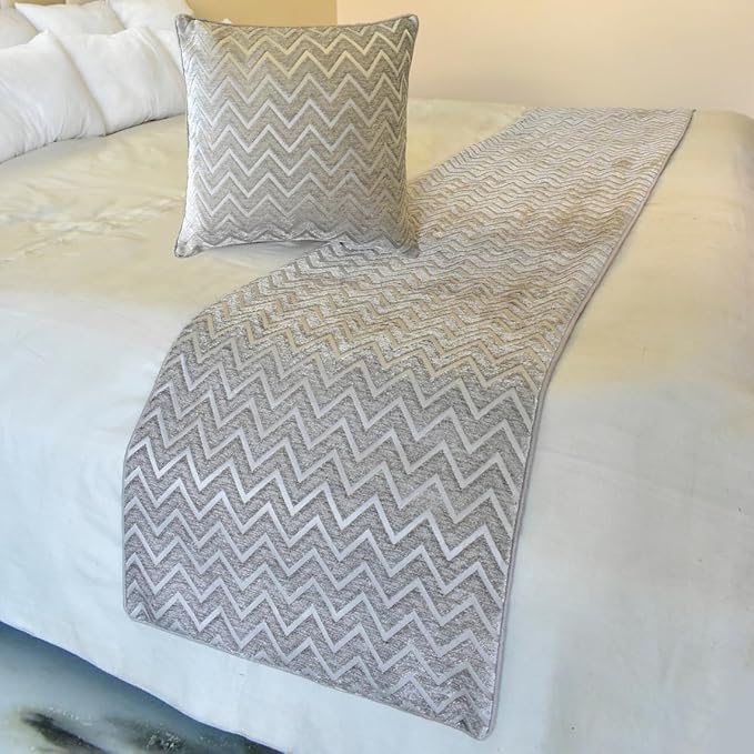 The HomeCentric King/Queen/Twin Silver Decorative Queen 74"x18" Bed Runner Without Pillow Cover, Chevron Bed Scarf on Jacquard Fabric - Silver Gleam Chevron