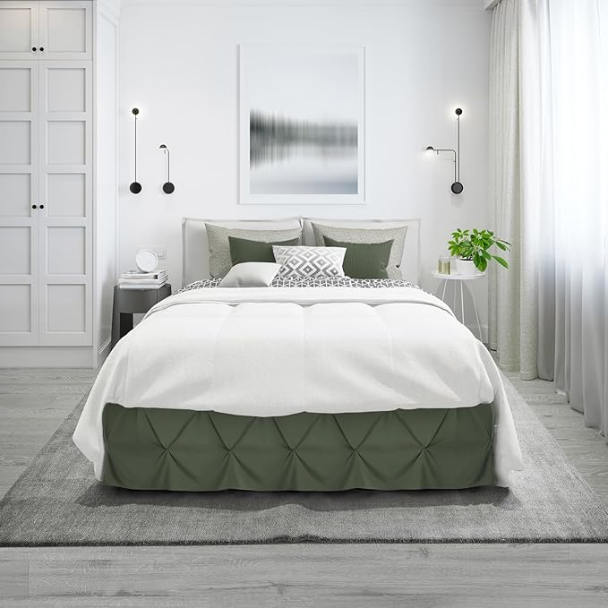 Nestl Olive Green Bed Skirt Queen Size, Pinch Pleat Queen Bed Skirt, 14" Inch Drop Queen Bedskirt, Hotel Quality Olive Green Bed Skirts, Microfiber Bedskirt for Queen Bed, Olive Green Queen Bed Skirt