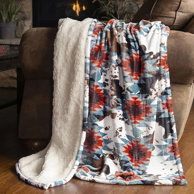 CARSTENS, INC. Wrangler Ultra Premium Super Soft Plush Sherpa Fleece Oversized Throw Blanket 54" x 68", Southwestern Cowhide