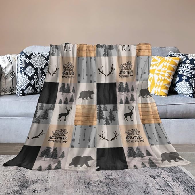 Rustic Cabin Throw Blanket, Retro Camping Bear Deer Farmhouse Wildlife Tree Forest Brown Gray Print Warm Flannel Blanket for Bedroom Camping Travel, 50"x60"