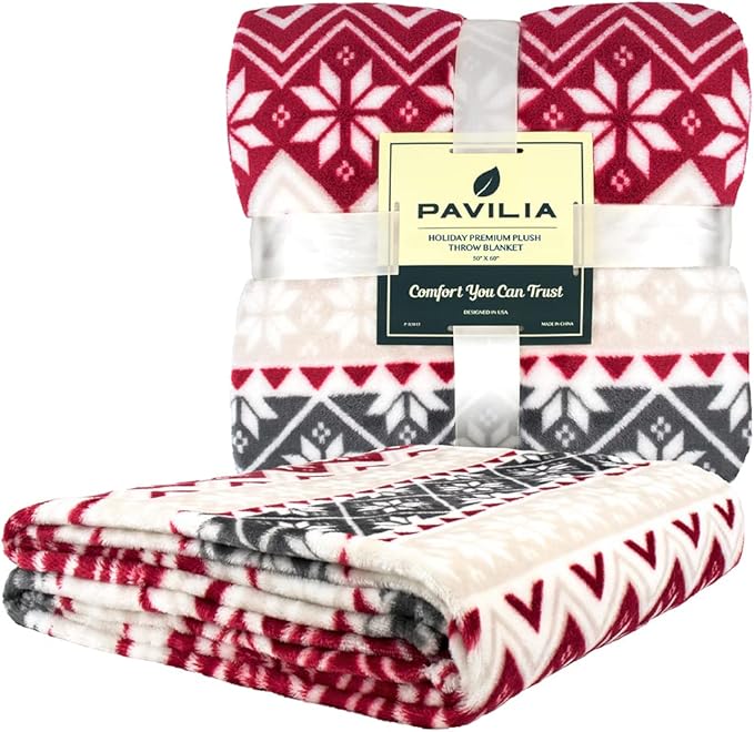PAVILIA Christmas Throw Blanket | Holiday Christmas Red Fleece Blanket | Soft, Plush, Warm Winter Cabin Throw, 60x80 (Red Snowflakes)