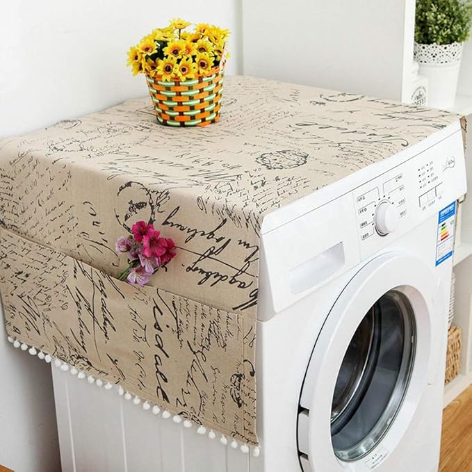 AKOAK 1 Pack 55 x 130cm /22 "x 51" Geometric Washing Machine Refrigerator Dust Cover, Multi-Purpose Household Cotton Linen Dust Microwave Cover, with Storage Pouch (English letters)
