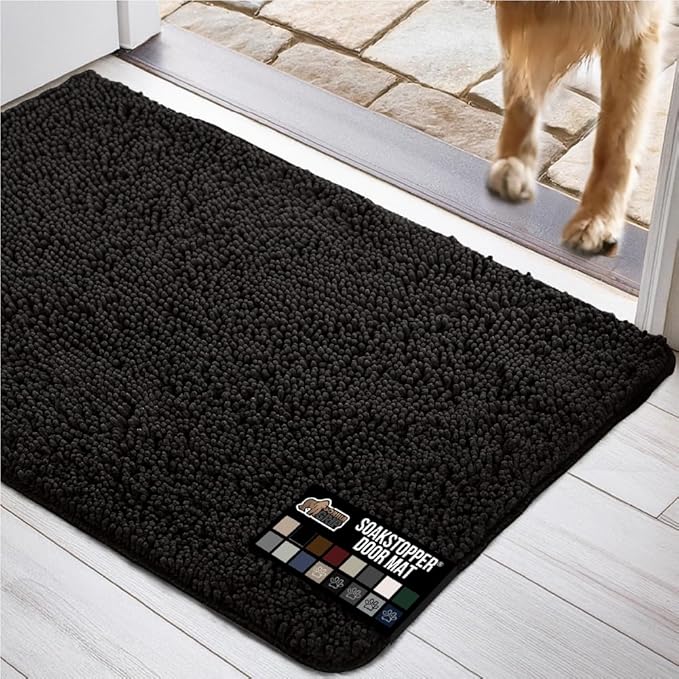 GORILLA GRIP SOAKSTOPPER Dog Door Mat, 35x24 Machine Washable Rug Absorbent Doormat Captures Moisture Mud Dirt, Quick Dry Soft Chenille Entryway Rugs Indoor Entrance Mats for Dog Paws, Black