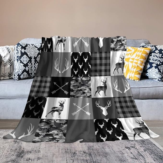 Rustic Cabin Throw Blanket, Farmhouse Grey Camouflage Deer Vintage Country Hunting Wildlife Blanket Throw for Bed Camping Travel Living Room Bedroom, 50"x60"