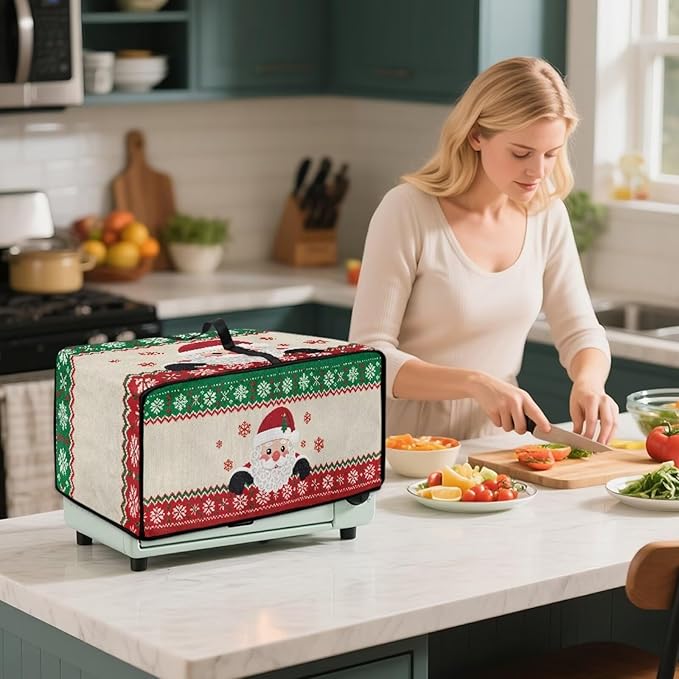 Christmas Countertop Convection Oven Cover Decorative Air Fryer Toaster Oven Dust Cover for Winter Holiday Home Kitchen Indoor Decor, L, Santa Claus Snowflake Red Green Beige