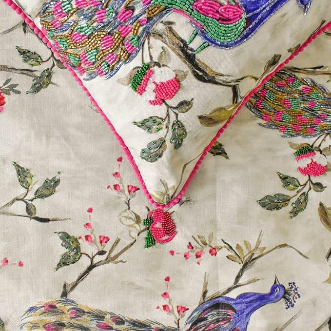 The HomeCentric King/Queen/Twin Pink & Purple Decorative CA King 86"x18" Bed Runner with One Pillow Cover, Peacock, Beaded, Pom Pom Lace Bed Scarf on Cotton Fabric - Pavo Paradiso