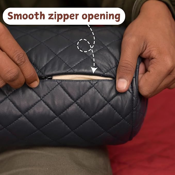 Neck Roll Pillow Cushion Cover, 14x6 Inch Full Moon Round Bolster Pillow Case, Cylinder Soft Lambskin Leather Pillowcase for Head, Spine & Neck Support During Sleep - Quilted Gun Metal Blue Pack of 2