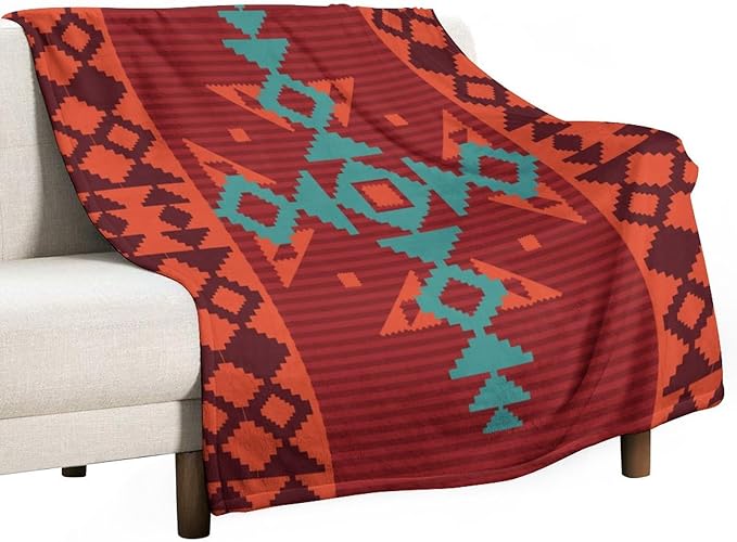 Aztec Throw Blanket, Red Native Southwestern Boho Blanket for Couch Bed Chair Outdoor Travel 30"x40"