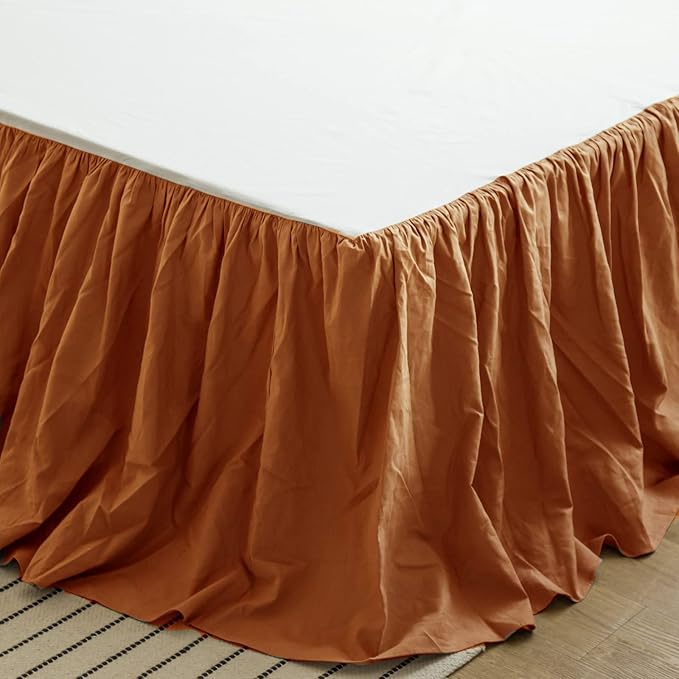 BISELINA French Linen Bed Skirt with Pleated Frills 14-Inch Tailored Drop Natural Flax Cotton Blend Dust Ruffle Soft Cozy Farmhouse Bedding (14" Queen, Rust)