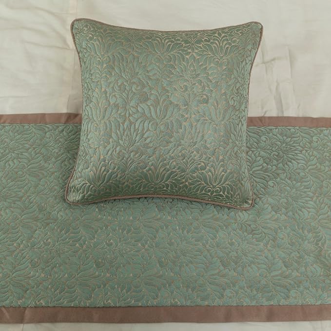 The HomeCentric King/Queen/Twin Blue & Beige Decorative King 90"x18" Bed Runner with 2 Pillow Cover, Damask Bed Scarf on Jacquard Fabric - Arabella