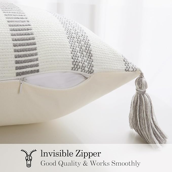 Smile Bee Boho Outdoor Couch Throw Pillow Covers Set of 2 Decorative Thick Woven Striped Accent Neutral Pillow Covers with Tassels for Bed Sofa Home Decor 20x20 Inch, Grey and Cream White