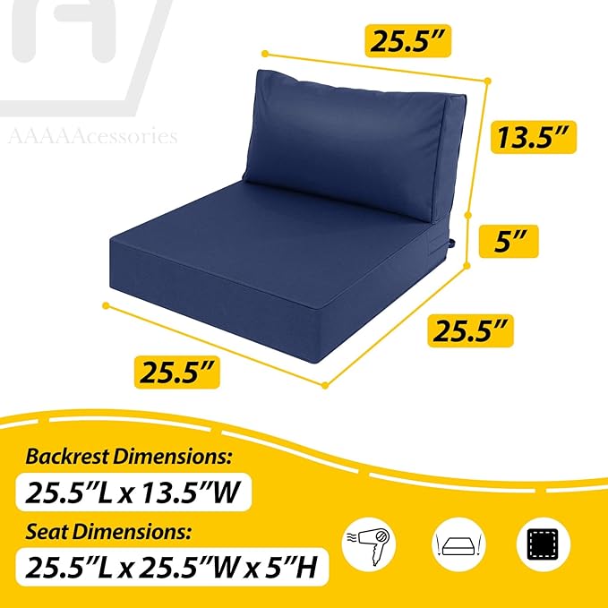AAAAAcessories Outdoor Deep Seat Cushions, Waterproof, Fade-Resistant Patio Furniture Replacement Cushions, 25.5" x 25.5" x 5" + 25.5" x 13.5", Set of 4, Navy Blue