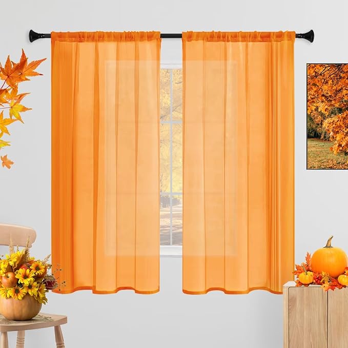 Sheer Curtains 84 Inches Long 2 Panels, Rod Pocket Short Curtain for Kitchen, Bedroom, Cafe Window(Orange 38" W x 84" L)