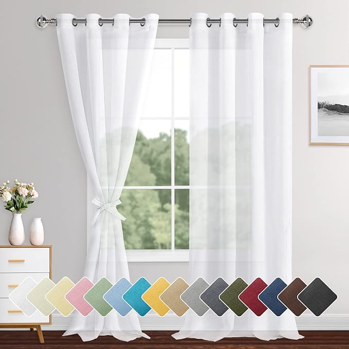 XWZO Faux Linen Sheer Curtains for Living Room, Light Filtering Privacy Solid Voile Textured Grommet Window Drapes with Tiebacks for Bedroom/Large Windows, White, W52 x L120, Set of 2 Panels
