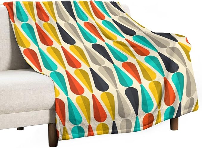 Mid Century Throw Blanket, Modern Drop Shape Retro Colors Boho Orange Teal Black Geometric Pattern Throws Blankets for aby Toddler Dog Cat 50"x60"