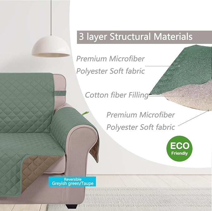 U-NICE HOME Recliner Chair Covers Reversible Chair Cover Pet Covers for Dogs with Elastic Straps Water Resistant Diamond Quilted (23''Recliner Small, Greyish Green/Taupe)