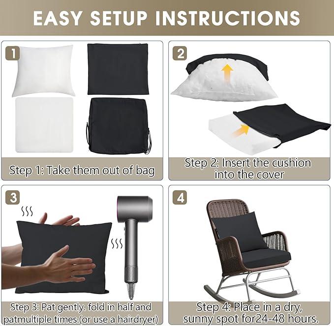 Outdoor Seat Cushion Set 19 x 19 In, Water-Resistant & Fade-Resistan, Patio Furniture Cushions with Removable Cover Deep Seat & Back Cushion with Handle and Adjustable Straps for Chair Sofa,4PC