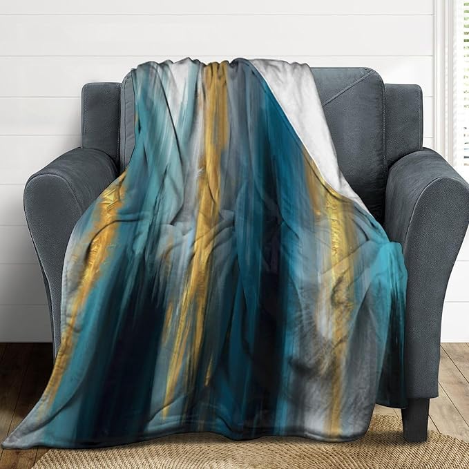 Fashion Gradient Blanket, Modern Abstract Art Gold Lake Blue Painting Strokes Pattern Soft Warm Cozy Plush Flannel Covers for Livingroom Bedroom Couch Chair Camping Travel Home Decor Tapestry 30x40in