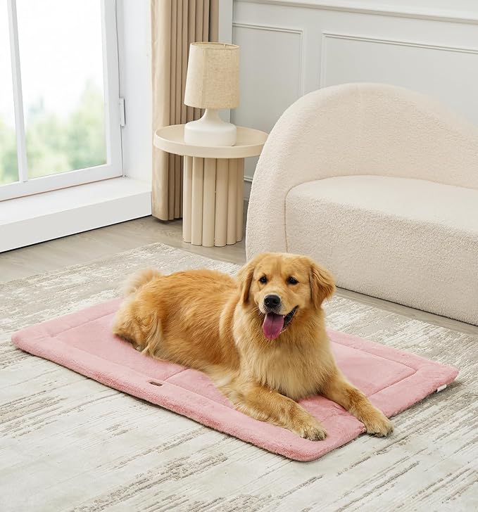 Made4Pets Dog Crate Pad Bed for Large Dogs, Washable & Reversible, Anti-Slip Kennel Mat for Cozy Sleeping, Soft Fluffy Dog Bed for Indoor & Outdoor Use, 44"x32", Pink
