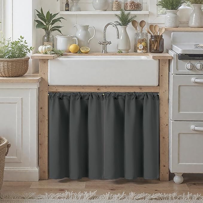 BGment Small Blackout Curtains 36 Inch Length for Kitchen Window Over Sink - Dark Grey Half Cafe Drapes with Rod Pocket for Bathroom, 2 Panels, 34 x 36 Inch