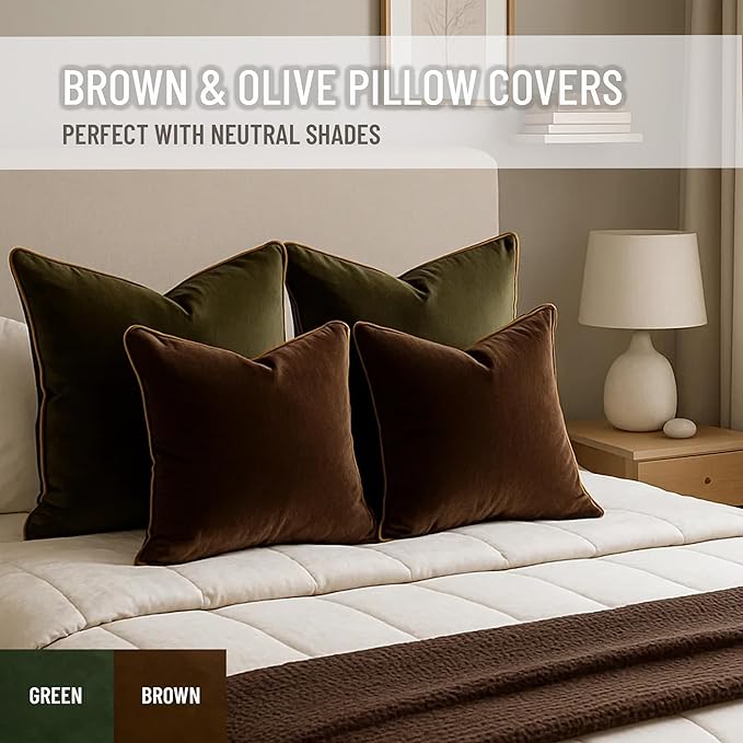 2 Pack Velvet Decorative Throw Pillow Covers, 20"x20", Brown and Camel, Solid, Modern, Contrast Piping, Indoor Use, Bedroom & Living Room