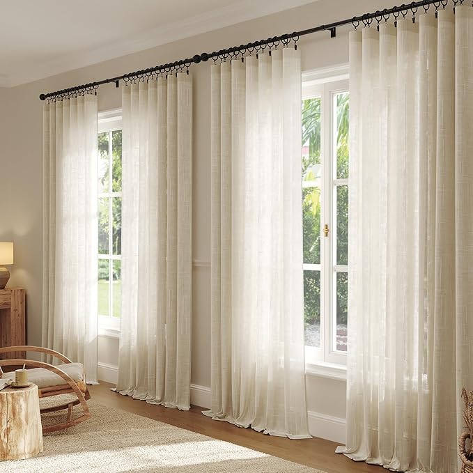 Anmao Natural Linen Curtains for Living Room 96 Inch Length 2 Panels Set, Light Filtering Semi Sheer Window Curtain Drapes for Bedroom with Curtain Rings and Clips, 52 Inch Wide Each Panel, Ecru