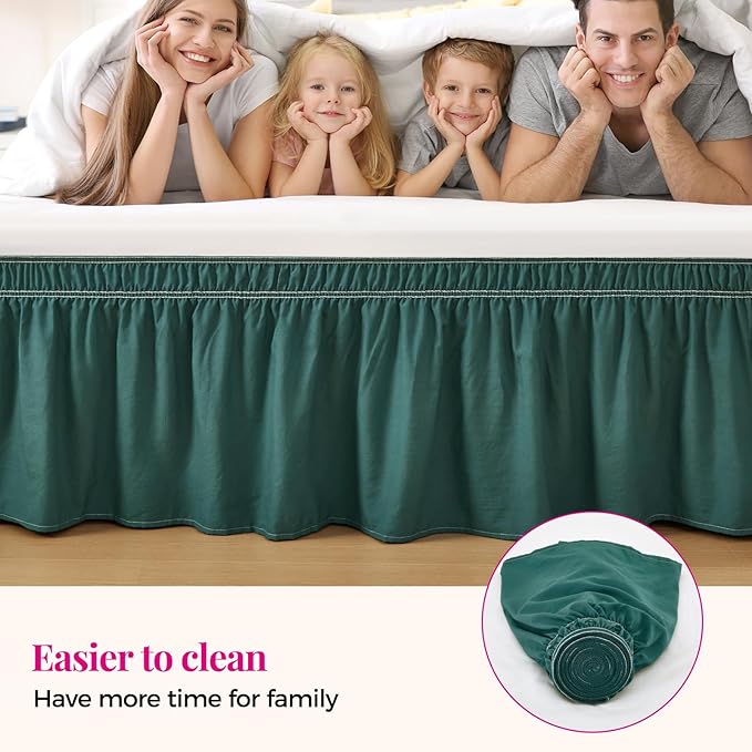 RIMELA Emerald Green Bed Skirt King Size 15 Inch Drop, Wrap Around Elastic Bedskirt, Dust Ruffle for Adjustable Bed Base Machine Washable Easy to Install Bed Skirts,Christmas Bedroom Decor