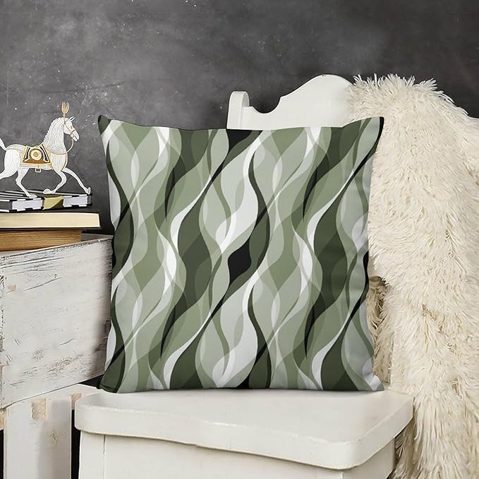Sage Green Throw Pillow Covers Abstract Ombre Green and Grey Striped Decorations for Bedroom Living Room Farmhouse Sofa Pillows Bed Couch 16x16 Inch