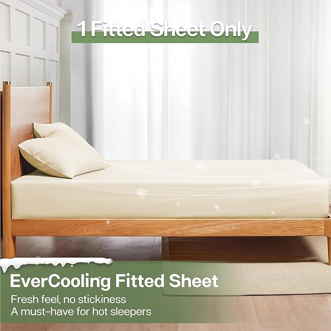 MR&HM Full Fitted Sheet Only, Ultra-Soft Rayon Derived from Bamboo & Polyester Blend, Silky & Breathable, 15" Deep Pocket with Elastic Straps, Cooling Fitted Sheet for Hot Sleepers, Cream