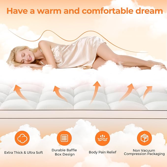 Ultra Soft Coral Fleece California King Size Mattress Topper, No Compression Plush Thick Pillow Top Mattress Pad with Deep Pocket, Winter Warm Cozy Bed Topper Cover for Back Pain Relief