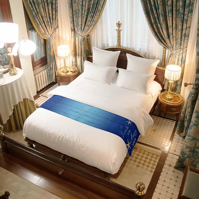 Happy Beach Place Marine Starfish Bed Runners for Bedroom Hotel,Decorative Bedding Scarf Gradient Blue Wood Grain Bed End Blanket Bedding Runner Scarves for Full Size Bed,83x20in