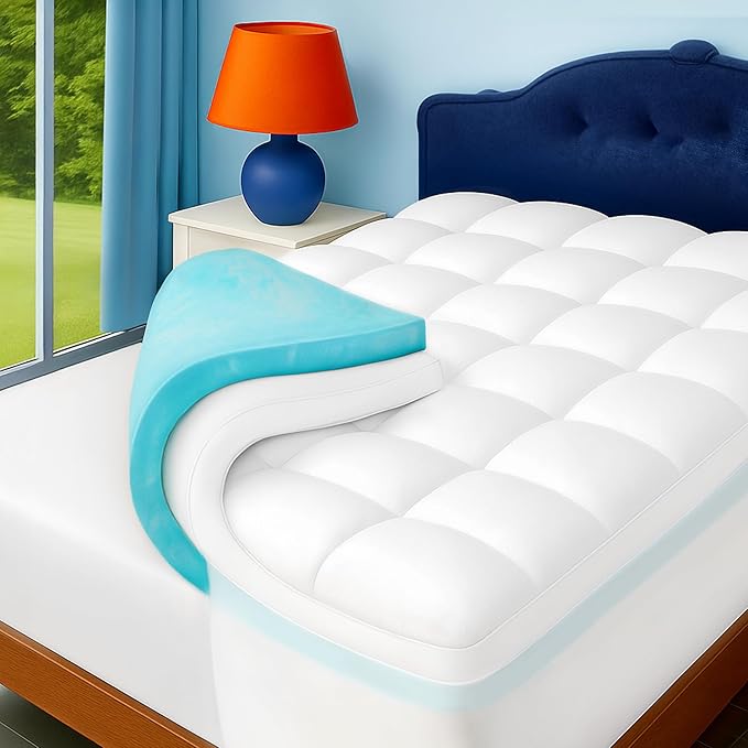 Full Size Dual Layer 4 Inch Memory Foam Mattress Topper, 2 Inch Gel Infused Memory Foam and 2 Inch Down Alternative Pillow Top Mattress Pad Cover, Medium Support for Back Pain & Side Sleep