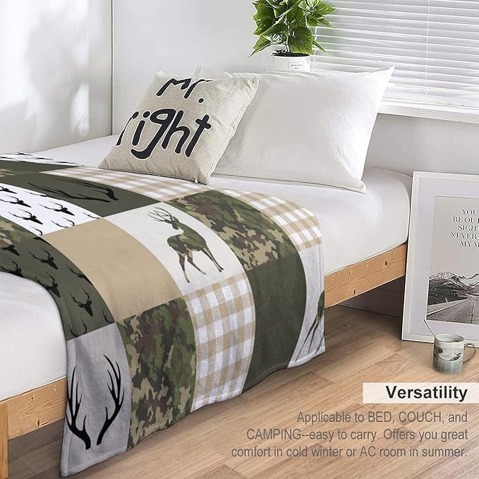 Camouflage Deer Blanket, Vintage Camo Green Beige Plaid Rustic Cabin Wildlife Hunting Blankets for Mens Room Bed Sofa, 60"x80"