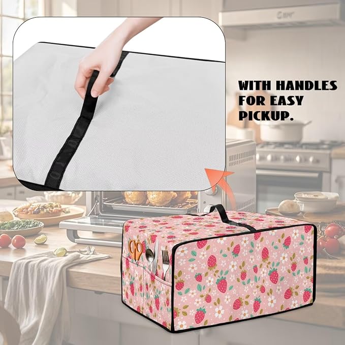 Pink Strawberry Cherry Blossom Print Microwave Oven Dust Cover Toaster Oven Cover Foldable Polyester-Linen Fabric Small Appliance Dust Covers Suitable for Most Microwave Ovens, M
