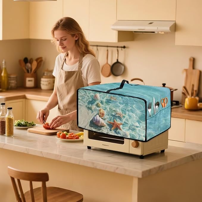 Toaster Oven Cover Washable Small Kitchen Appliance Dust Cover with Pockets, for Air Fryer Toaster Ovens, Microwaves, S, 14.5 x 18.5 x 9 Inches, Blue Beach Starfish Seashell Conch Whelk