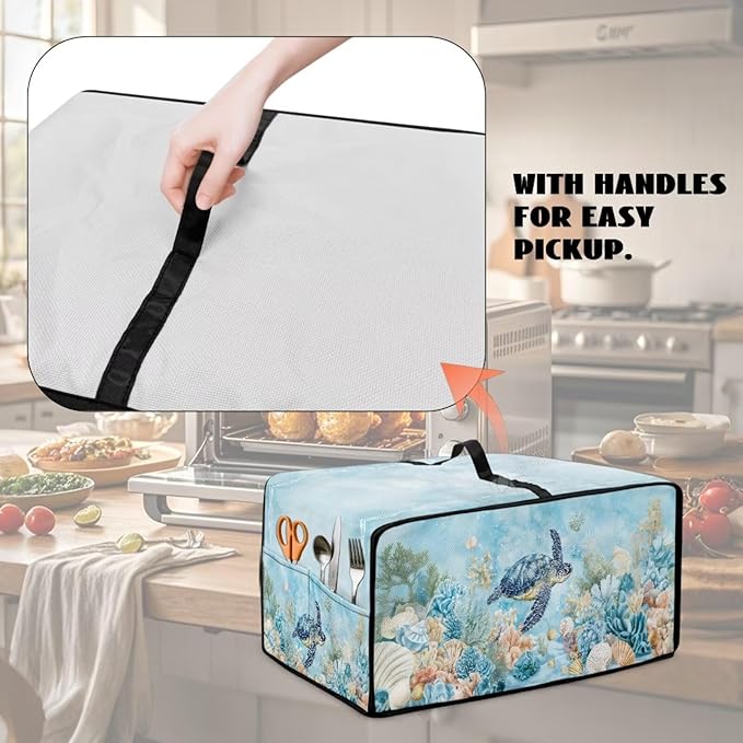 Air Fryer Toaster Oven Cover with Pockets, Dustproof Electrical Appliance Cover for Kitchen Countertop, M, 16.5 x 20.5 x 10 Inches, Sea Turtle Seashell Coral Reef Blue