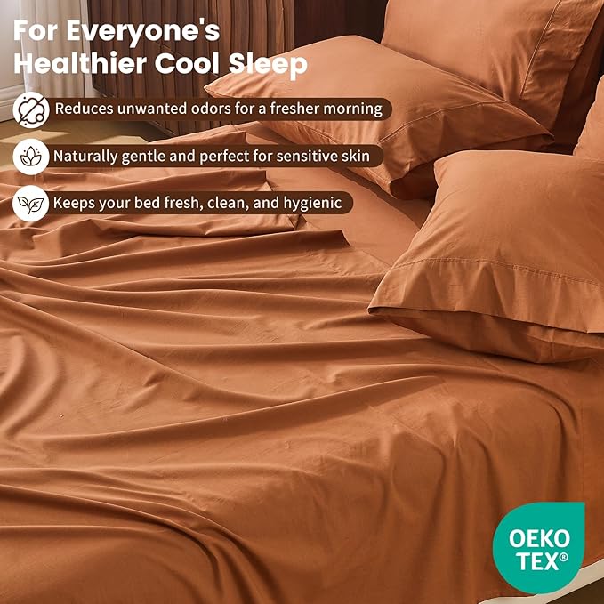 100% Linen Sheet Set Queen Size Extra Deep Pocket Fits 18-24 Inch Mattress, Breathable & Soft, Smooth 6-Piece Set for Thick Mattresses Hotel Luxury Bedding（Queen, Brown）