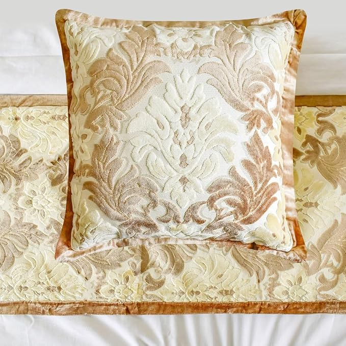 The HomeCentric King/Queen/Twin Beige Luxury Twin 53"x18" Bed Runner with Two Pillow Cover, Damask Bed Scarf on Velvet Fabric - Emmeline