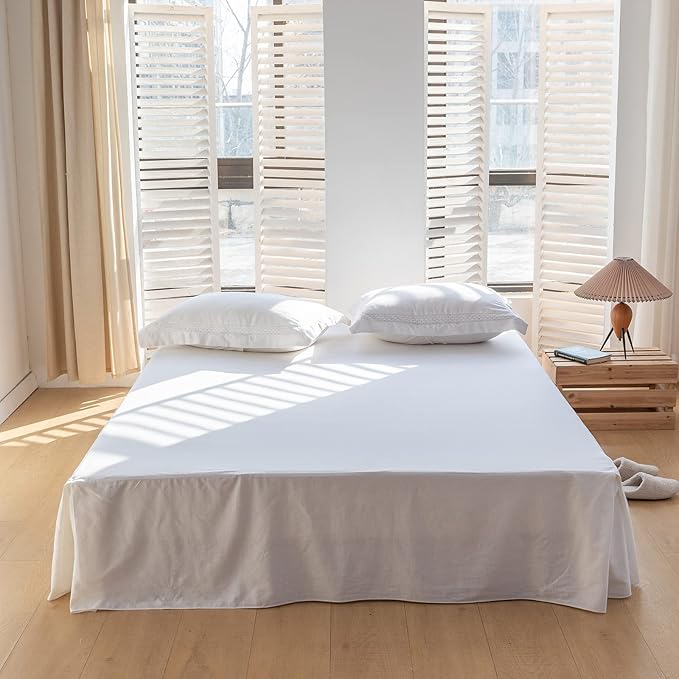 BISELINA French Linen Bed Skirt with Pleated Corner 14-Inch Tailored Drop Natural Flax Cotton Blend Basic Dust Ruffle Soft Cozy Farmhouse Bedding (14" King, Basic White)