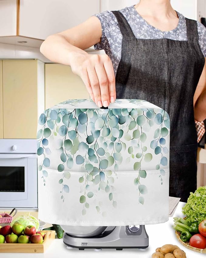 Eucalyptus Leaves Stand Mixer Dust Cover with Storage Pocket & Handles, Fits All Tilt Head & Bowl Lift Spring Botanical Vines Kitchen Appliance Cover Organizer Watercolor Bag Accessories, 4.5-5 Quart