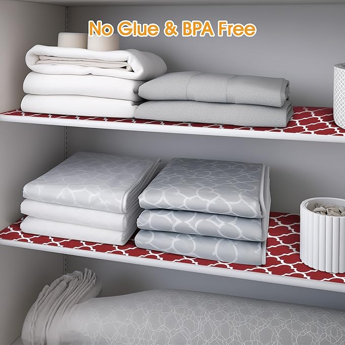 Shelf and Drawer Liner for Kitchen Cabinets Non-Adhesive, Strong Grip Non-Slip Thickened Cabinet Liners for Shelves, Waterproof Mats for Dresser Cupboard, Red/White, 17 in x 30 Feet